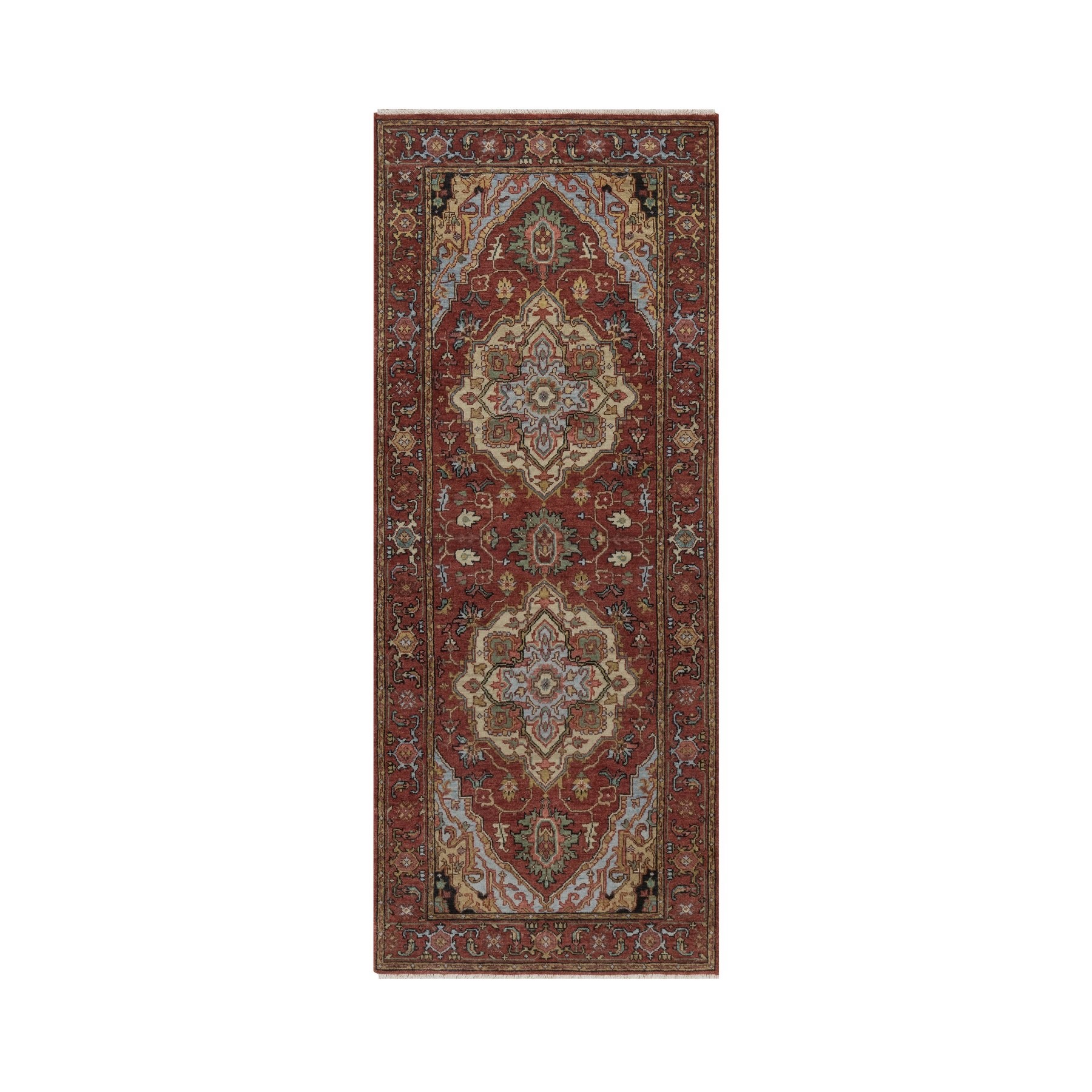 2'7"x6'3" Brick Red, Antiqued Fine Heriz Re-Creation with Medallion Design, Hand Knotted, Hand Spun New Zealand Wool, Denser Weave, Vegetable Dyes, Runner, Oriental Rug 